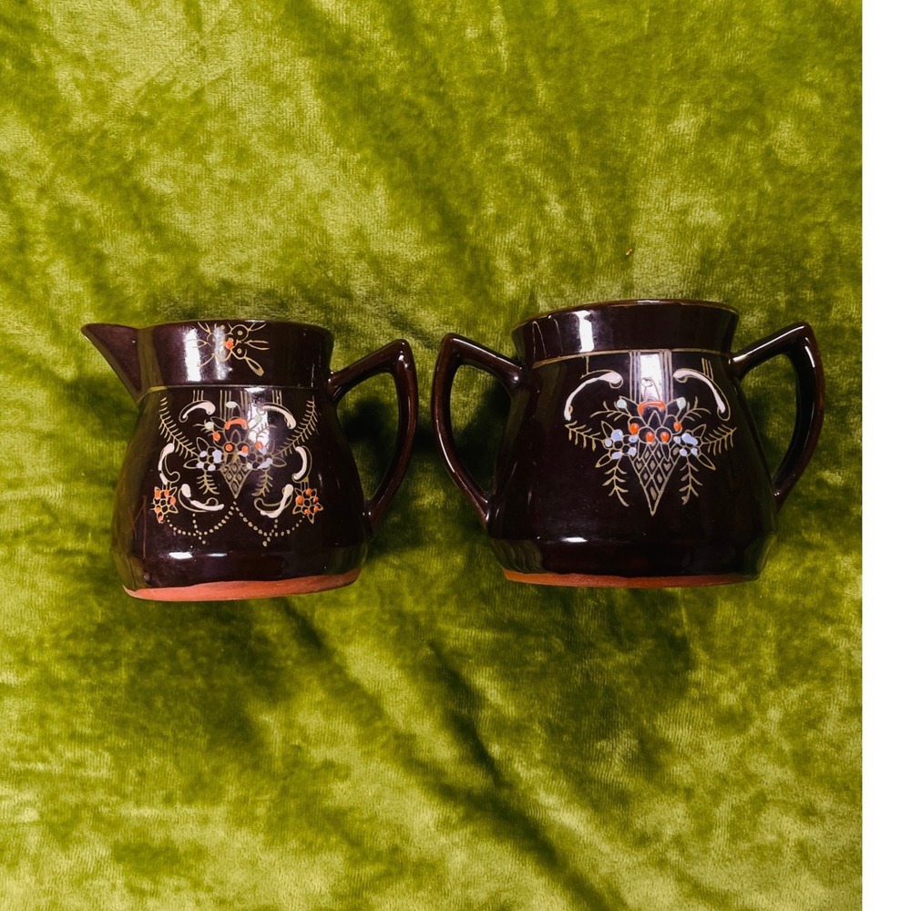 Vintage Japanese Ceramic Creamer & Sugar‎ Set Brown Floral Hand Painted
